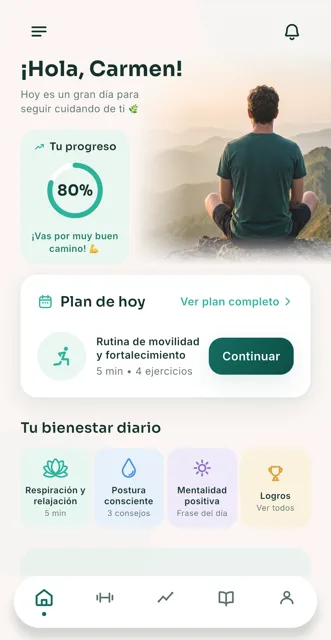 Pantalla de inicio de Discalia con el plan del día